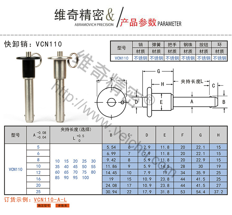 VCN110快卸销规格表