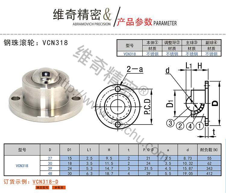 VCN318钢珠滚轮规格表