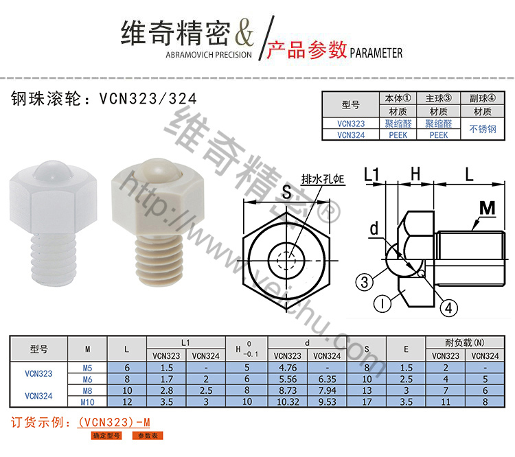 VCN323万向滚珠规格表
