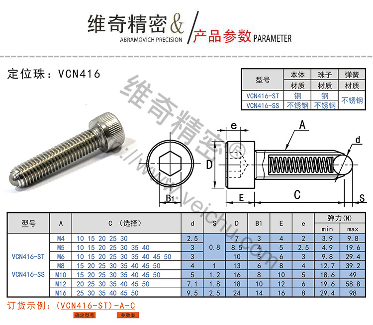 VCN416内六角杯头定位珠螺丝规格表