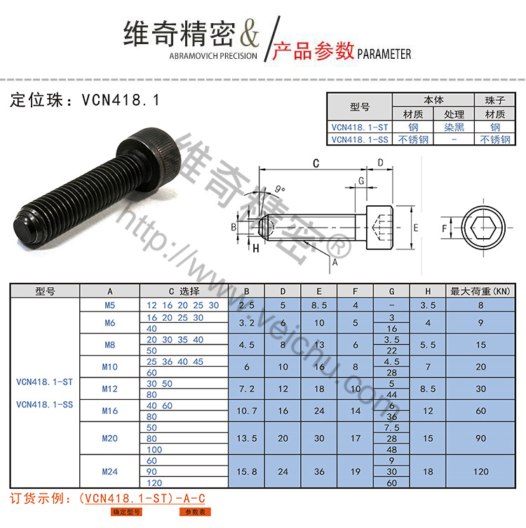 VCN418.1平头杯头定位珠螺杆规格表