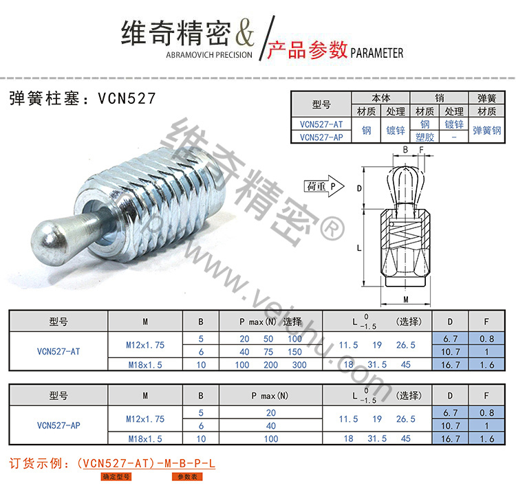 VCN527全螺纹侧向式定位柱规格表